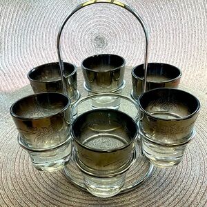 Vintage 1970s Silver/Black Ombré Shot Glasses in Chrome Caddy Mint Condition